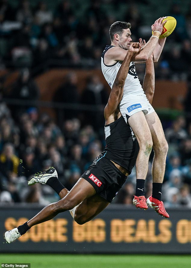 Slijedi druge AFL fraze koje su dodane u rječnik, uključujući riječ 'speccy' - koja se koristi za opisivanje 'spektakularne oznake' (na slici desno Mitch McGovern, s kojim je riješila Esava Ratugolea, lijevo, tijekom natječaja za označavanje)