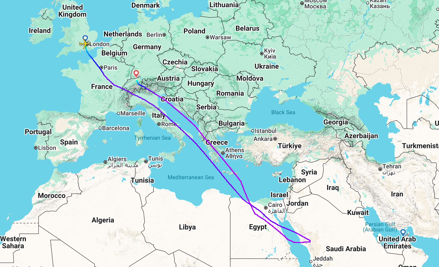 Flight Spath iz British Airways leta BA109 iz Londona Heathrow do Dubaija, koji se okrenuo nad Saudijskom Arabijom i vratio se do Züricha