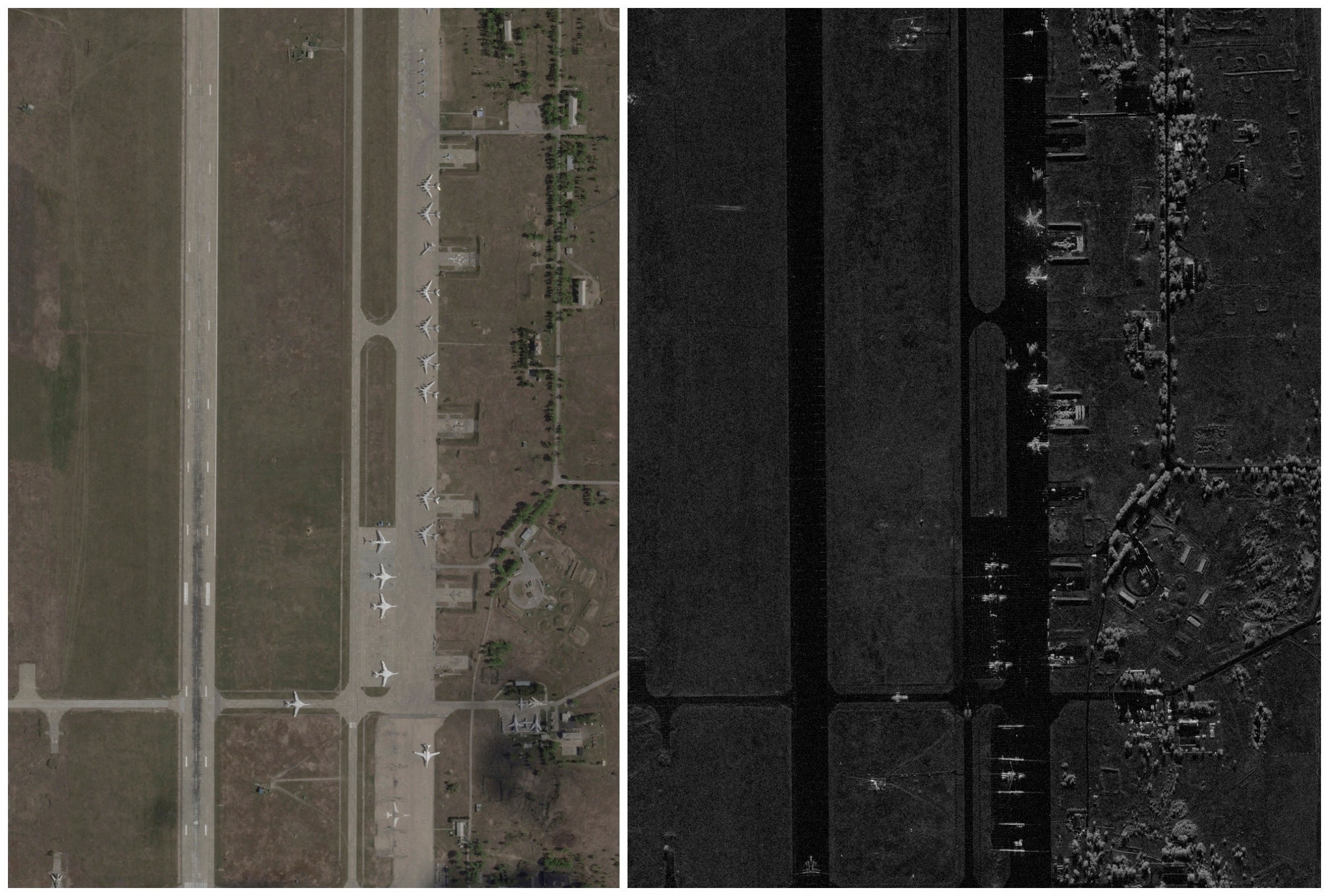 Satelitske slike aerodroma Belaya, prije i nakon napada ukrajinskih bespilotnih letjelica ciljanih na ruske vojne zračne luke, u regiji Irkutsk