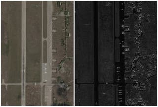 Kombinirana slika prikazuje satelitske slike aerodroma Belaya, prije i nakon napada ukrajinskih dronova koji su ciljali na ruske vojne aerodroske usred stalne ruske invazije na Ukrajinu u regiji Irkutsk