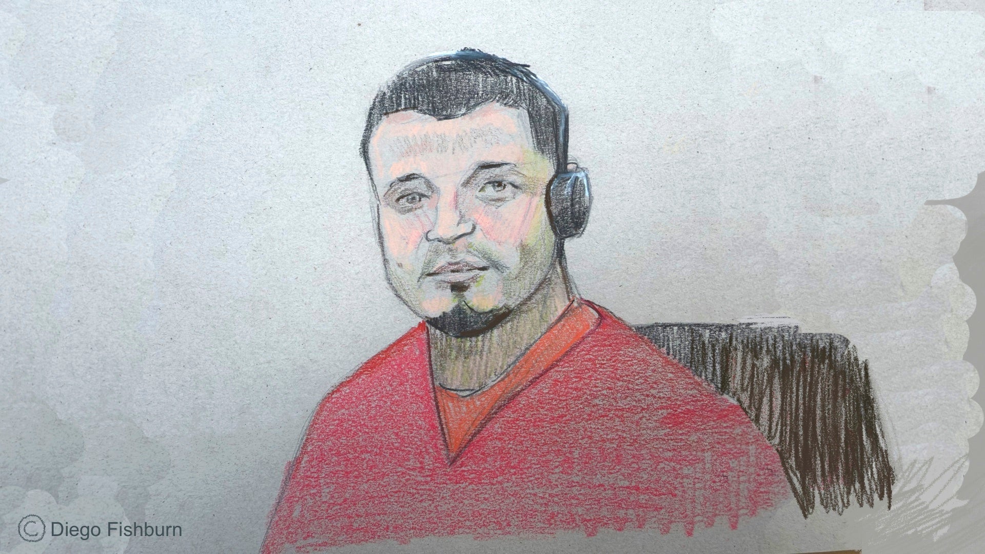 Skica u sudnici prikazuje Kilmar Abrego Garcia kako sjedi na sudu tijekom saslušanja u pritvoru 25. lipnja