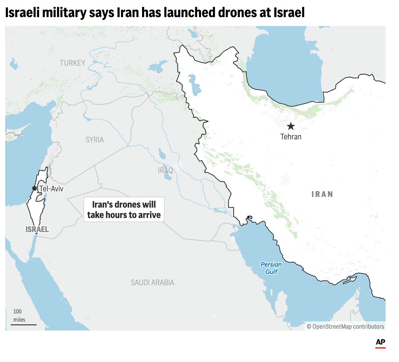 Sljedeća karta locira Izrael i Iran nakon što je Iran ispalio dronove u Izrael