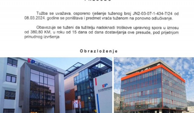 Poliklinika ‘Vitalis’ pobijedila Elektroprivredu HZHB na Sudu BiH