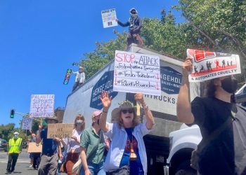 Prosvjednici blokada Palantirove urede koji zahtijevaju okončanje „totalitarnog policijskog nadzora“ jer tehnološka tvrtka pomaže ledenim deportacijama