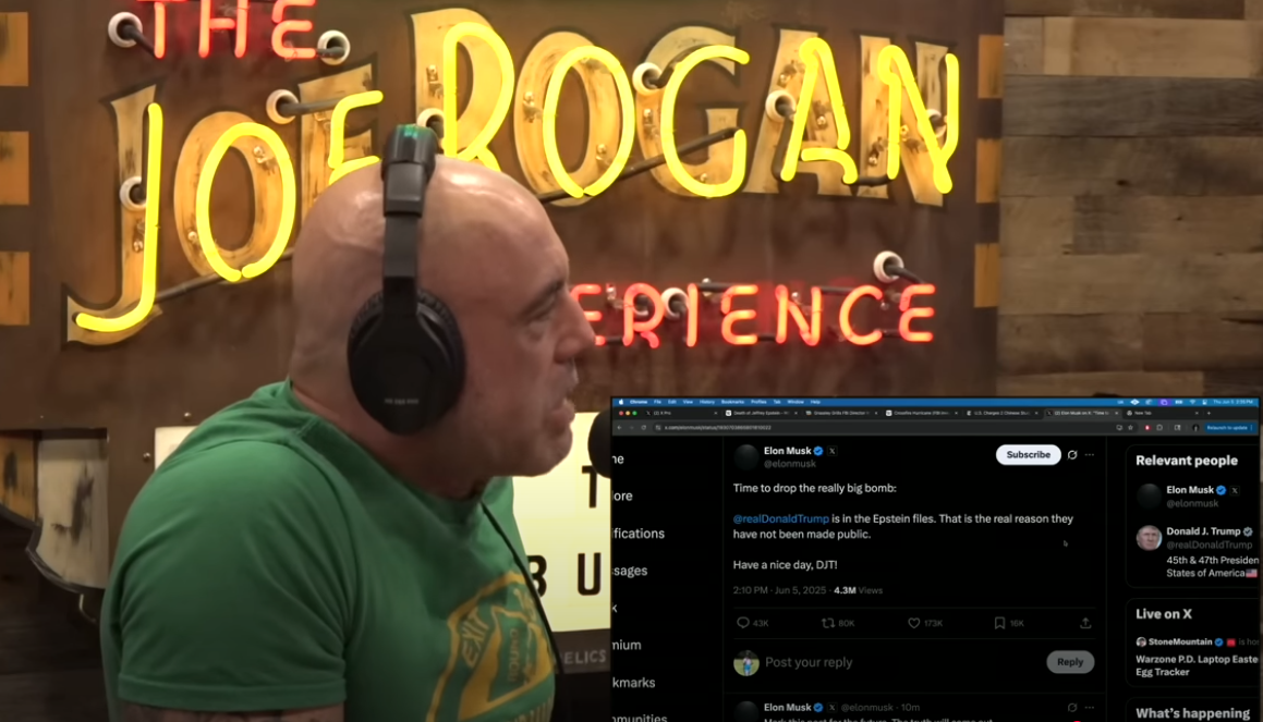 Joe Rogan čita tweet Elona Muska koji tvrdi da je Donald Trump u dosjei Epsteina tijekom intervjua s direktorom FBI -a Kashom Patelom.