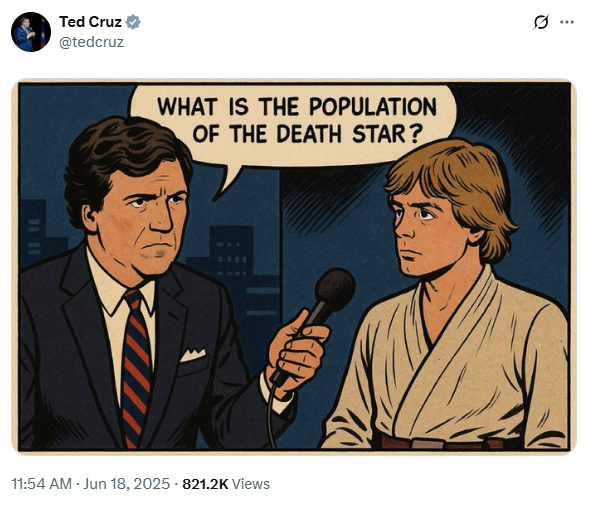 Ted Cruz je nakon toga tvitnuo meme Tuckera Carlsona pitajući Luke Skywalker koliko je ljudi na zvijezdi smrti