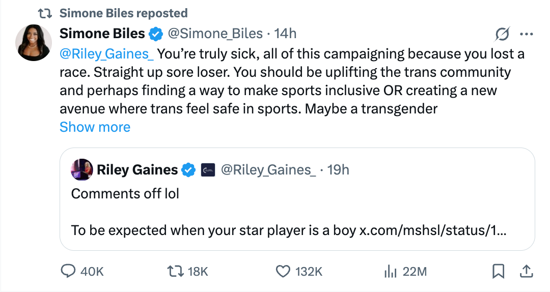 Biles je nazvao Gaines 'ravno unačenom gubitniku' na x