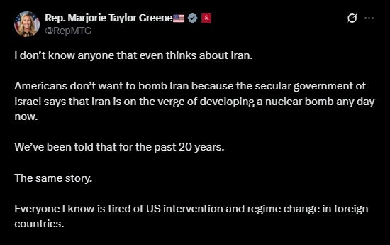 Marjorie Taylor Greene tweetala je protivljenje američkoj podršci izraelskom štrajku na Iran