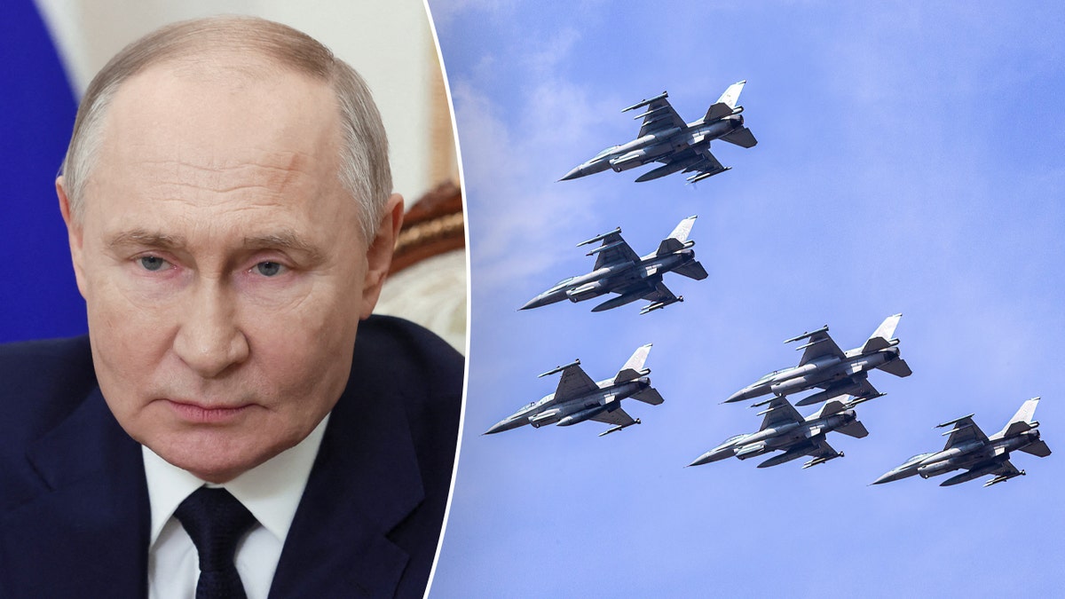 Putin koji nosi jaknu i mlaznice od crne odijela i mlaznice koji lete u nebu, podijeljenu sliku