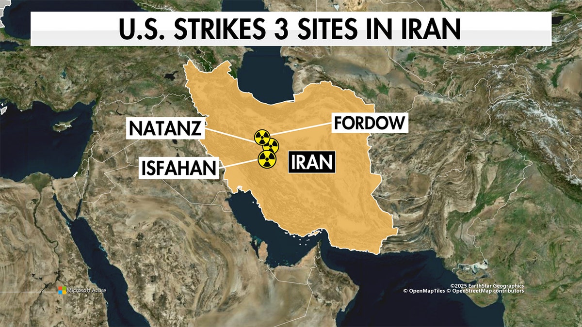 Grafika prikazuje tri iranska nuklearna mjesta koje su udarile američke bombe: Natanz, Isfahan i Fordow