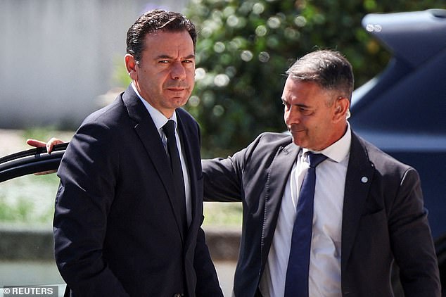 Portugal's Prime Minister Luis Montenegro arrives for the brothers' wake at the Sao Cosme Chapel in the town of Gondomar near Porto