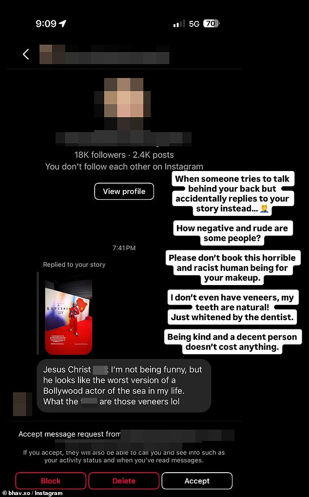Sanghera je u utorak podijelio post svojoj priči o Instagramu nakon što je primio poruku od popularnog utjecaja na prethodnom videu koji je podijelio