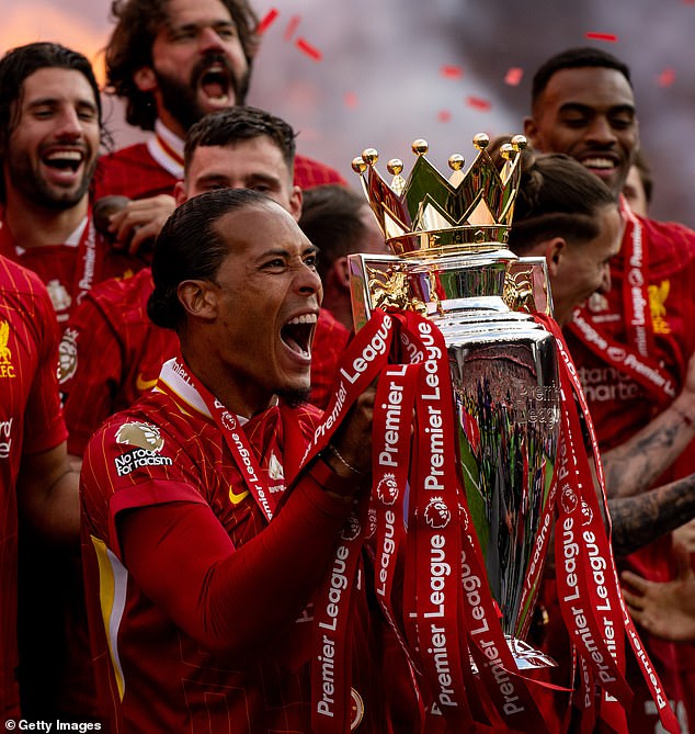 Van Dijk celebrates after winning the 2024-25 Premier League title with Liverpool
