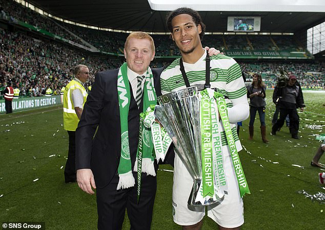 Van Djik and manager Neil Lennon celebrate winning the league in 2014