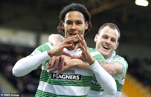 Van Dijk celebrates scoring a goal for Celtic with striker Anthony Stokes