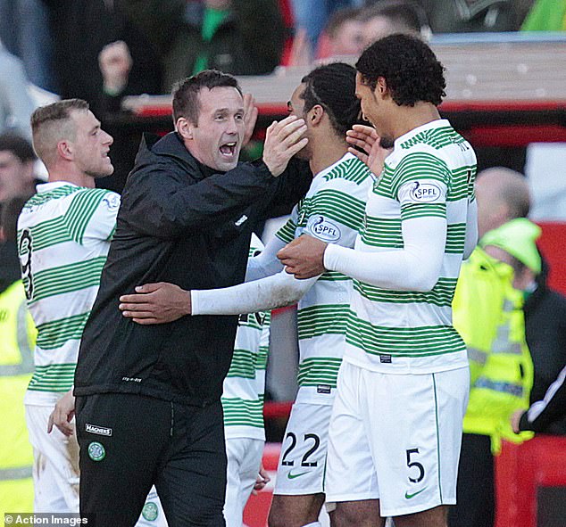 Ronny Deila, Jason Denayer and Virgil van Dijk celebrate a win at Pittodrie
