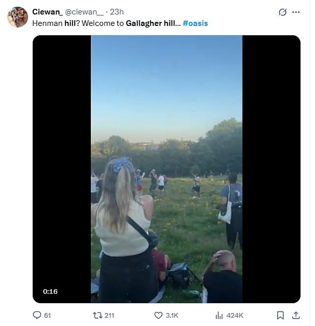Uzimajući u X, ranije poznat kao Twitter, jedan obožavatelj rekao je: 'Henman Hill? Dobrodošli u Gallagher Hill #oasis '
