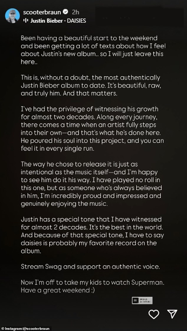 U izjavi na Instagramu napisao je: 'Ovo je, bez sumnje, do danas autentičniji album Justina Biebera. To je prekrasno, sirovo i uistinu. I to je važno '