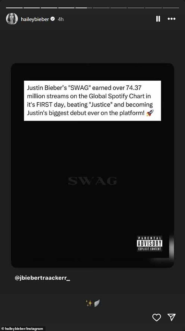Hailey je također skočila na svoje Instagram priče i podijelila: 'Justin Bieber's "Plijen" Zaradio 74,37 milijuna tokova na globalnoj Spotify ljestvici prvog dana, tukući "Pravda 'i postajući Justinov najveći debi ikad na platformi'