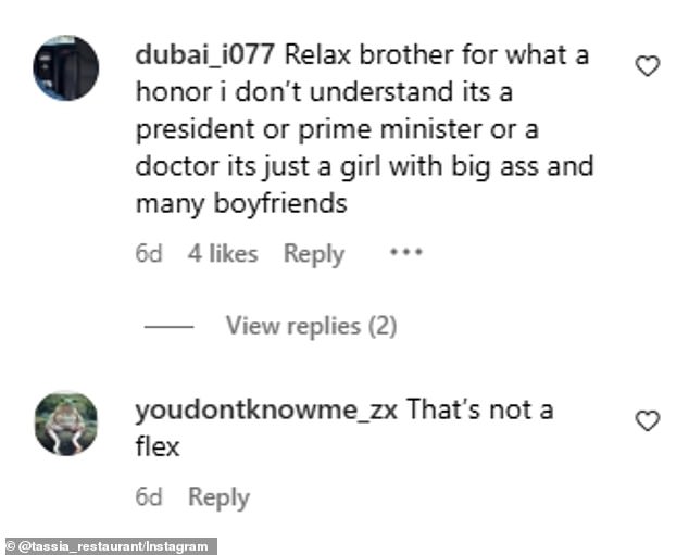 Instagram korisnik @dubai_i077 napisao je: 'Opustite brate za kakvu čast? Ne razumijem (osim ako nije) predsjednik ili premijer ili liječnik. (To je) samo djevojka s velikim A ** i mnogim dečkima. '