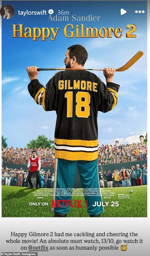 Prenijela je post s oduševljenjem uključivši novi film Adam Sandler Happy Gilmore 2, koji sadrži Cameo bez košulja od Travisa
