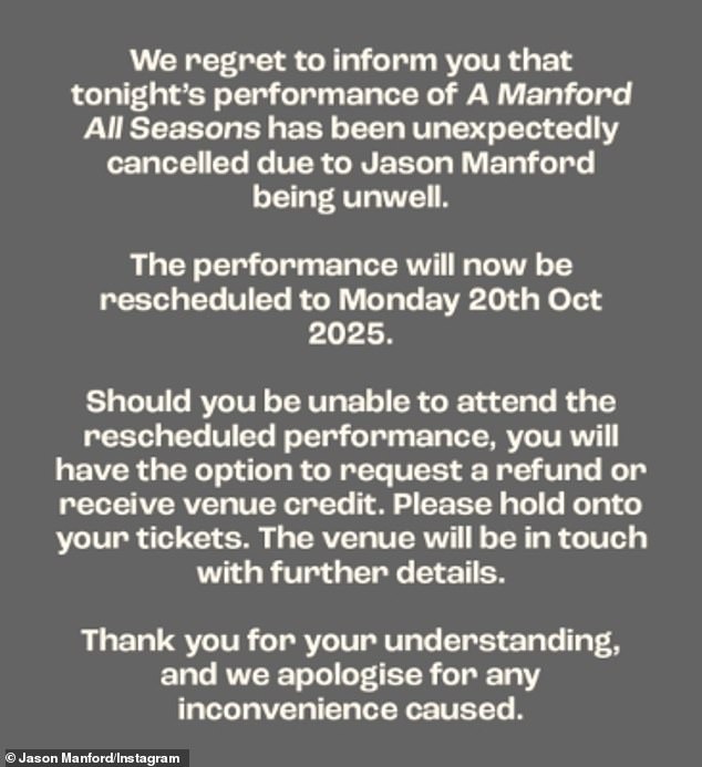 Početni post glasi: 'Žalimo vas da vas obavijestimo da je večerašnji nastup o Manfordu svih sezona @albanarena neočekivano otkazana'