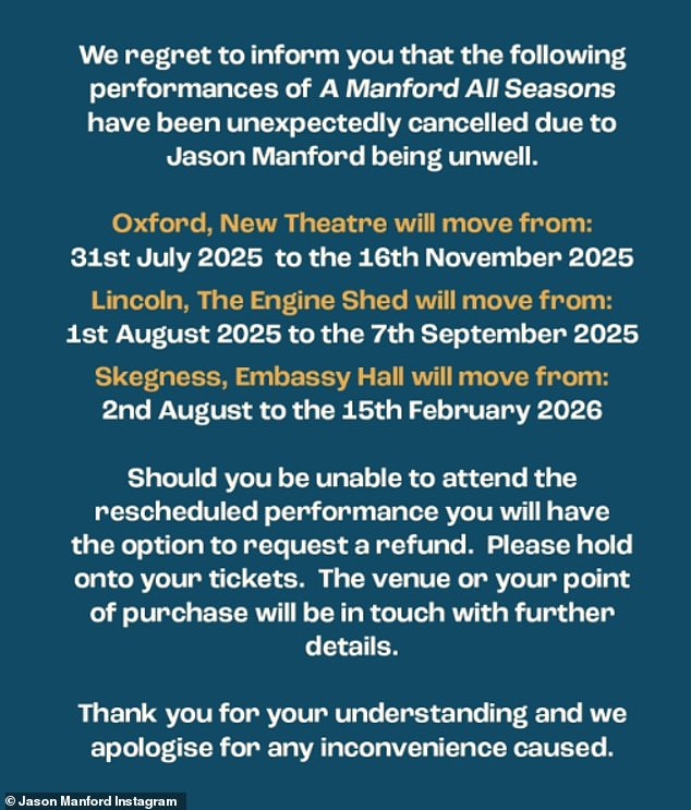 Prije sekunde, koja je u četvrtak podijeljena na X, rekla je: 'Žalimo što smo vas obavijestili da su sljedeće nastupe Manforda svih sezona neočekivano otkazane'