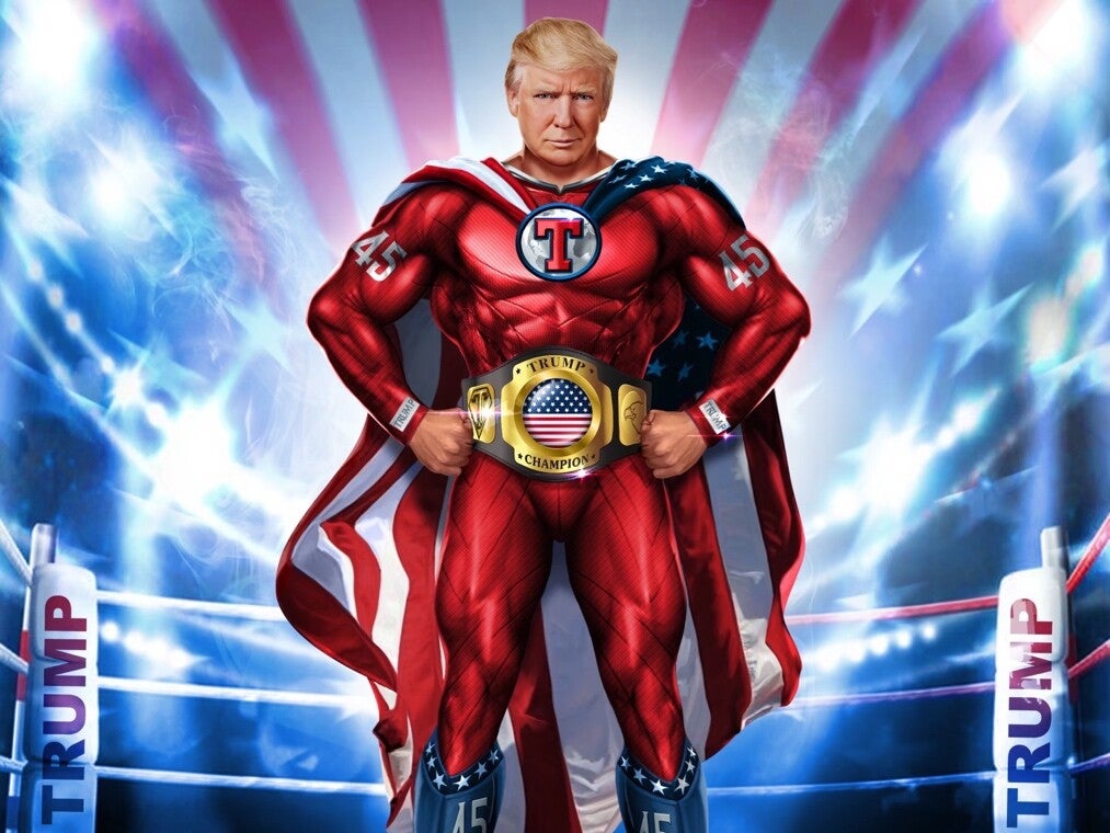 Donald Trump prikazan kao generički superheroj za svoj asortiman digitalnih trgovačkih kartica