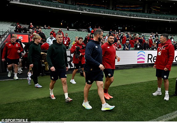 25 July 2025; Head coach Andy Farrell and Ellis Genge arrive for the British & Irish Lions squad captain's run at the MCG in Melbourne, Australia. Photo by Brendan Moran/Sportsfile