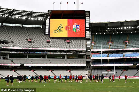 British and Irish Lions players play a game of cricket during the captain's run at the Melbourne Cricket Ground (MCG) in Melbourne on July 25, 2025, ahead of their rugby Test match against Australia to be played on July 26. (Photo by William WEST / AFP) / --IMAGE RESTRICTED TO EDITORIAL USE - STRICTLY NO COMMERCIAL USE-- (Photo by WILLIAM WEST/AFP via Getty Images)