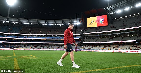 MELBOURNE, AUSTRALIA - JULY 26: Owen Farrell of the British & Irish Lions inspects the field ahead of the second test of the series between Australia Wallabies and British & Irish Lions at the Melbourne Cricket Ground on July 26, 2025 in Melbourne, Australia. (Photo by Hannah Peters/Getty Images)