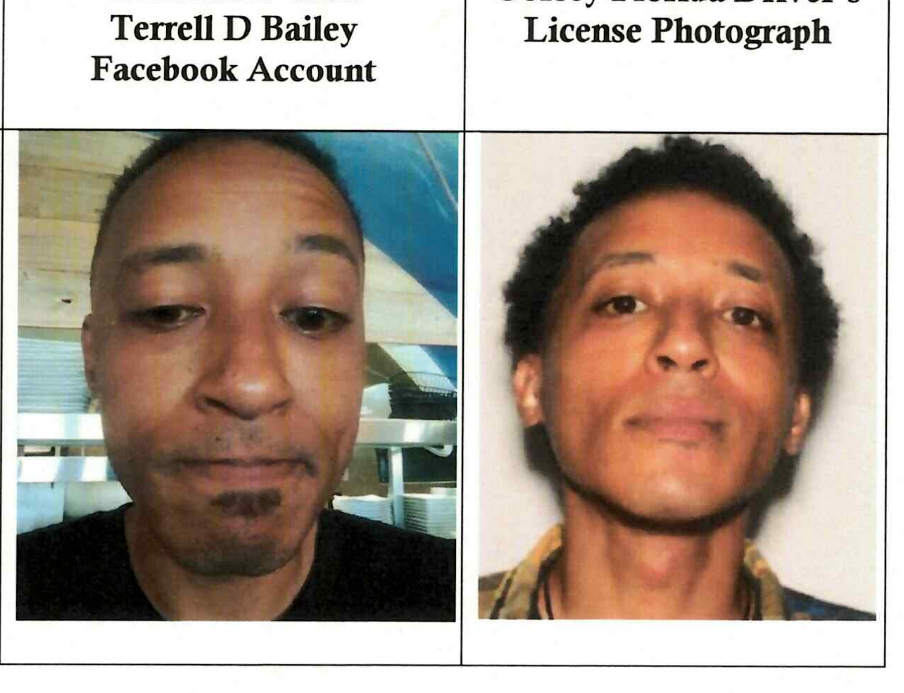 Fotografija Facebook profila (lijevo) i fotografija vozačke dozvole (desno) Terell Deshawn Bailey-Corsey (31) uključena u FBI u naplaćivanju dokumenata