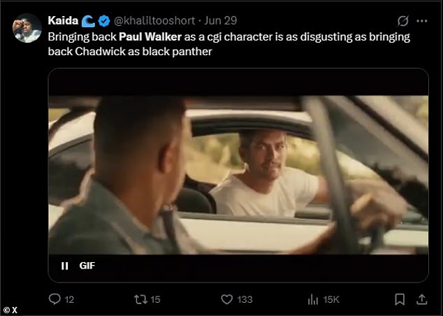 Na platformi društvenih medija x, reakcija na vijesti mučila je mnoge obožavatelje, uključujući korisnika @khaliltooshort koji je tvitnuo: 'Vraćanje Paula Walkera kao CGI lika jednako je odvratna kao i vraćanje Chadwicka (Boseman) kao Black Panther'