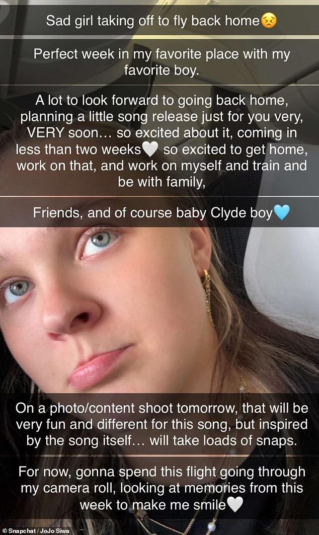 Jojo je podijelila dugotrajni Snapchat post prije nego što je u nedjelju letio natrag u SAD, priznajući da je bila tužna što je napuštala Veliku Britaniju, bila je uzbuđena što radi na novoj glazbi
