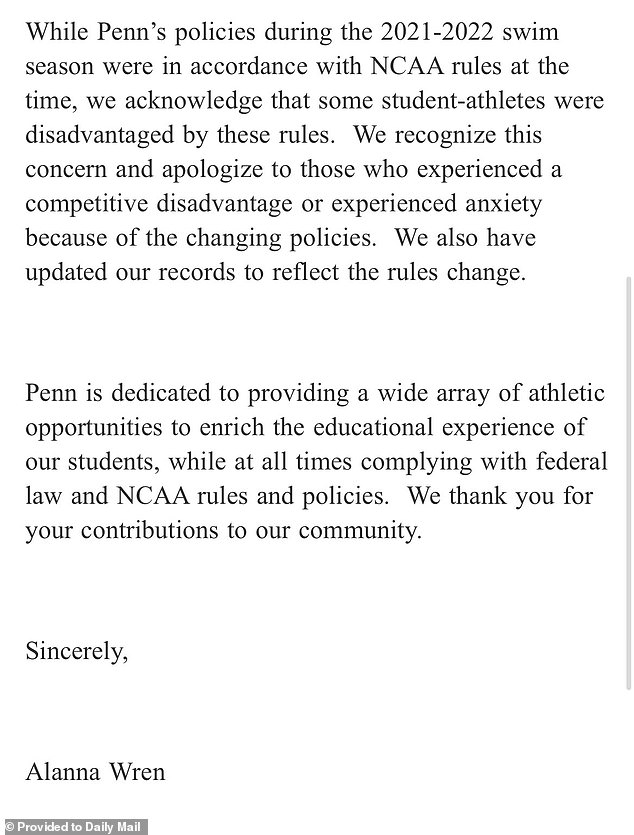 Penn atletska direktorica Alanna Wren zaglavila je proceduralni ton u e -mailu bivšim plivačima, postavljajući odluku škole da se pokloni Trumpovim zahtjevima kao puku usklađenost