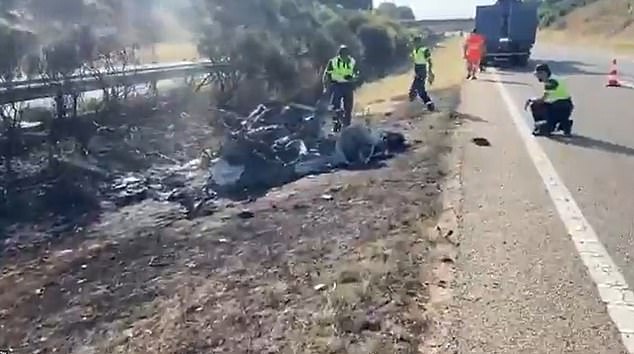 The remains of the Lamborghini that contained Diogo Jota and his brother Andre. Paramedics fought to save the men after the crash at around 12.35am today