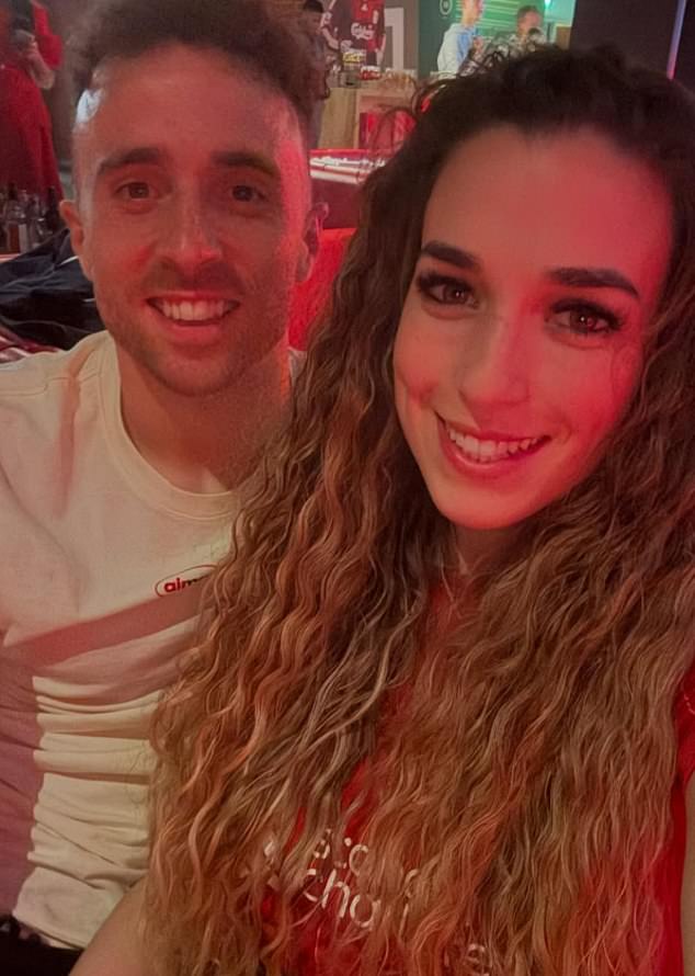 Diogo and Rute, pictured in a Liverpool shirt, just after her spouse won the league title with his team