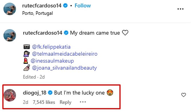 Diogo's new wife Rute shared more wedding day pictures in a social media post yesterday and said: 'My dream come true.' Jota replied in the comments: 'I'm the lucky one.'