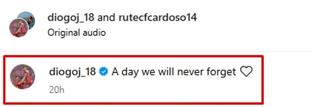 The couple shared pictures of their wedding on Instagram and Jota said it was 'a day we will never forget'