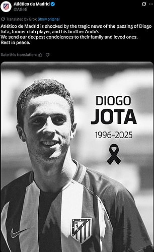 Jota's former clubs Atletico Madrid and Wolves have given moving statements