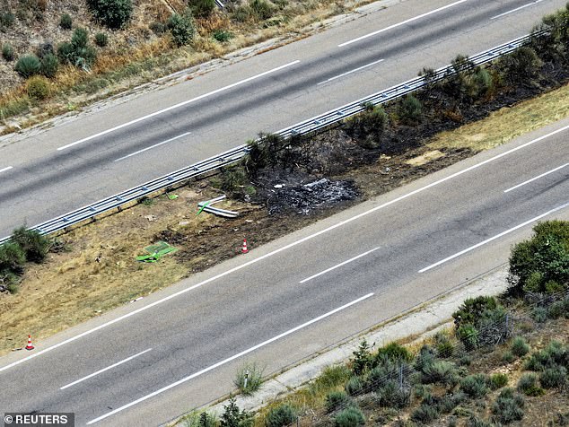 The vegetation roadside caught fire after the incident (pictured)