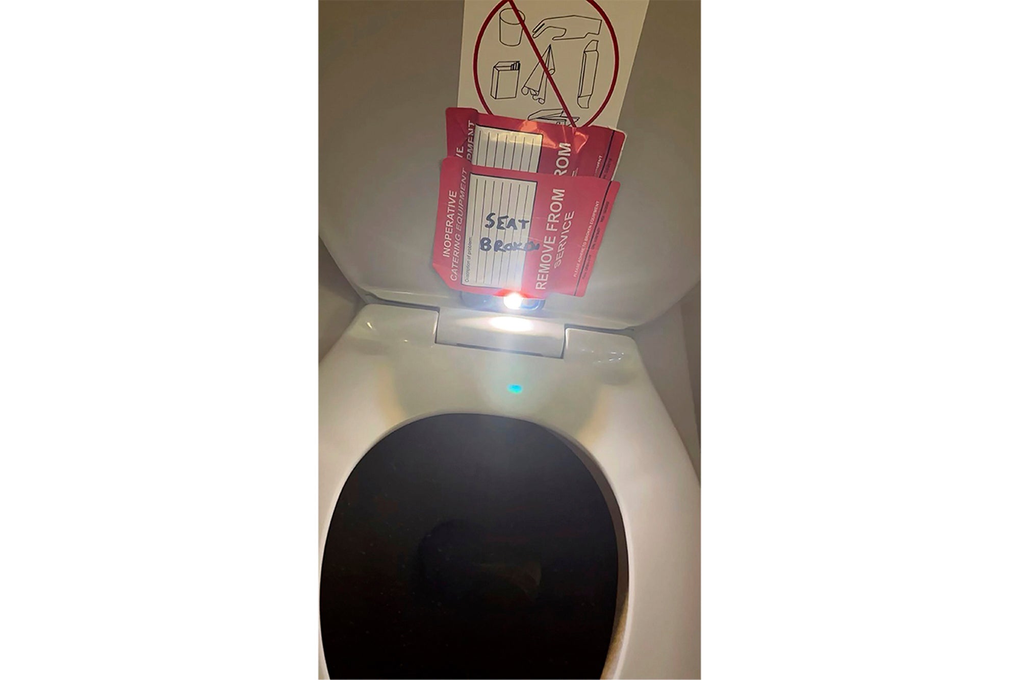 Na ovoj fotografiji koju je pružio odvjetnička tvrtka Lewis & Llewellyn LLP, iPhone je snimljen na stražnjoj strani WC sjedala na letu American Airlines iz Charlottea, NC, u Boston, 2. rujna 2023. (Lewis & llwellyn LLP LLP Via, File)