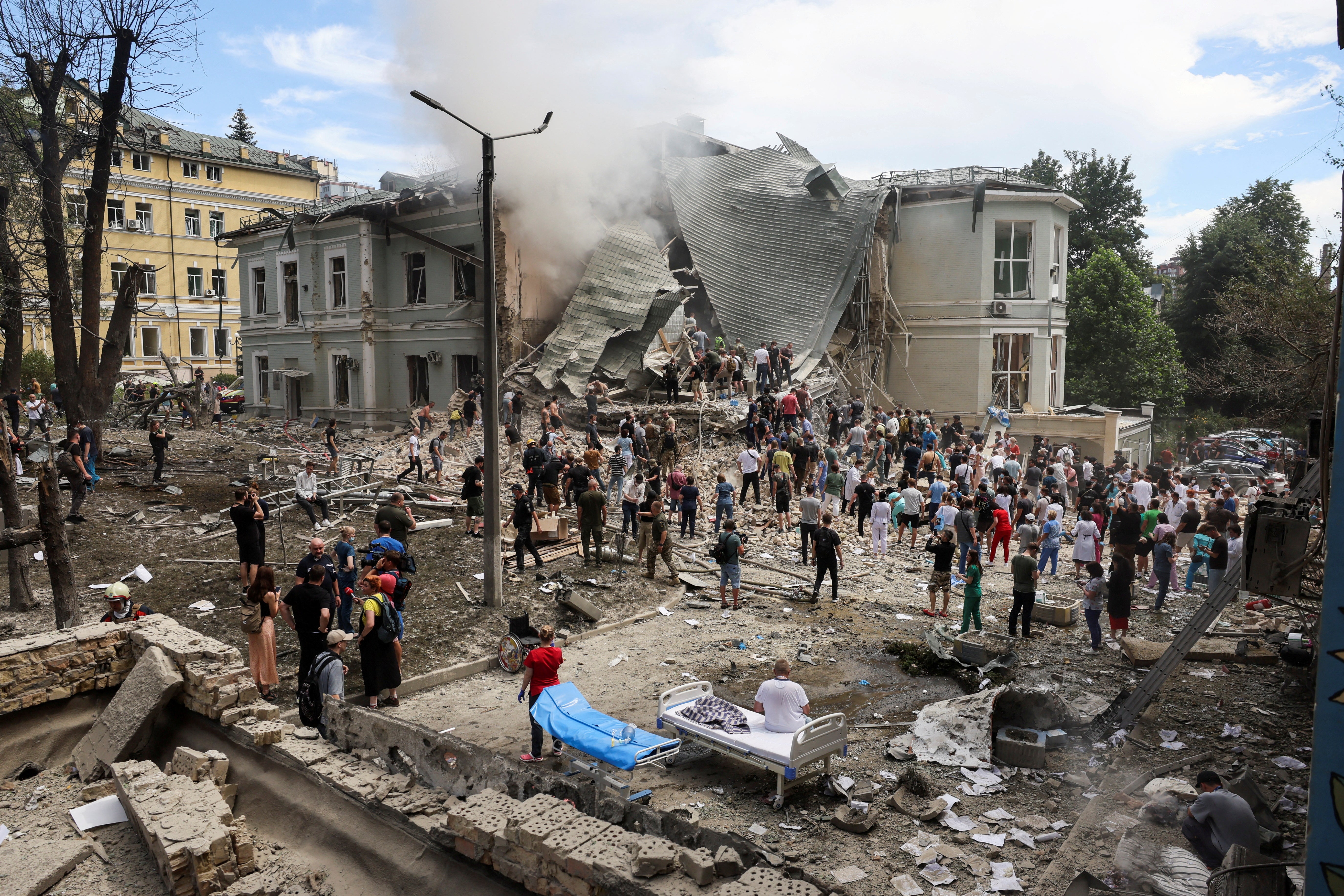 Rescuers work at Ohmatdyt Children's Hospital that was damaged during a Russian missile strikes, amid Russia's attack on Ukraine, in Kyiv, Ukraine 8 July 2024
