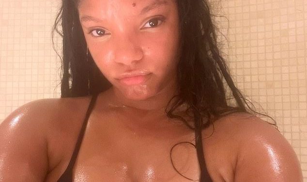 Halle Bailey stavlja vrlo prljav zaslon u odvažno uronjenom sportskom grudnjaku dok gradi znoj u pari sauna selfie