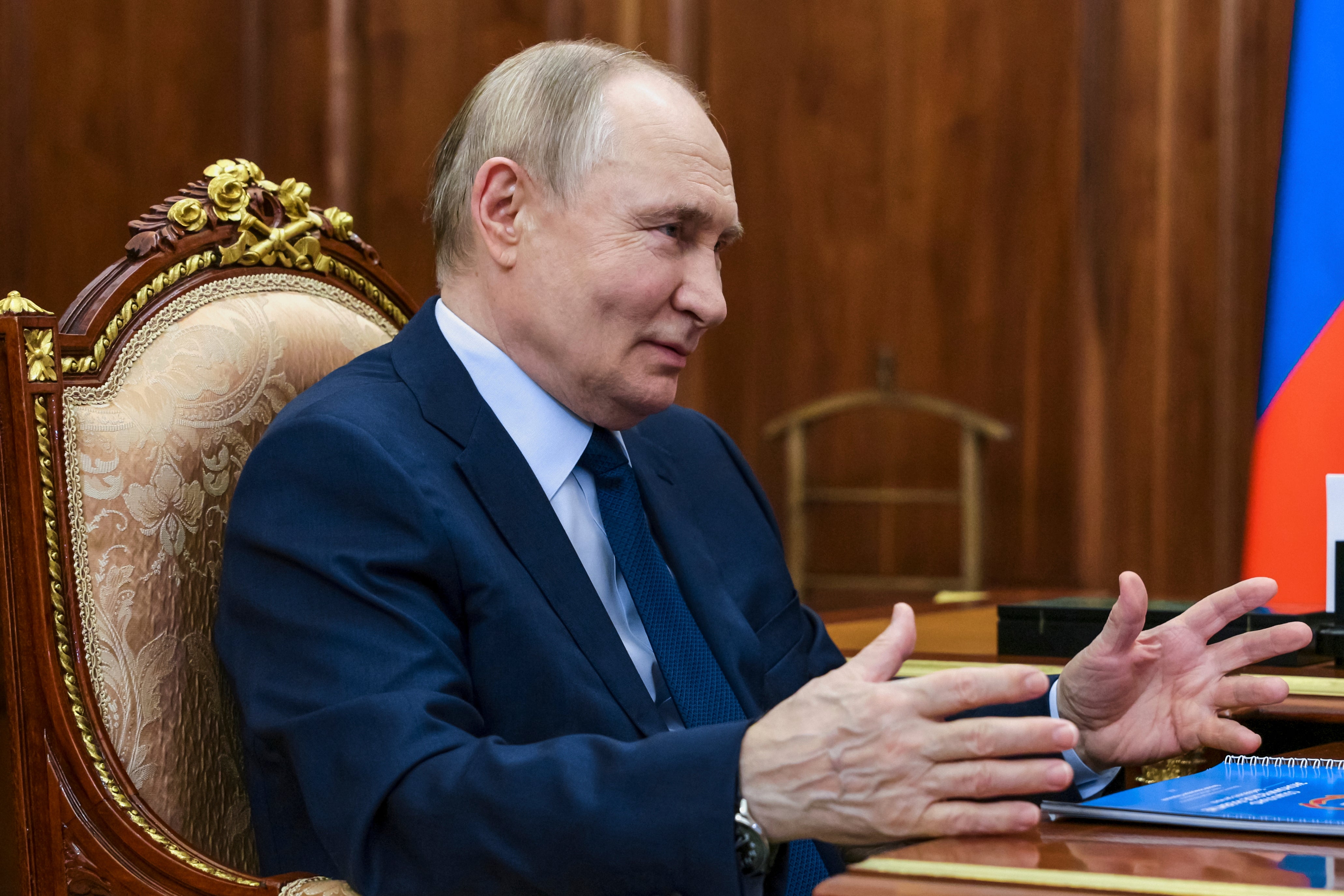 Russian president Vladimir Putin gestures while speaking to acting governor of Tambov region Evgeny Pervyshov during their meeting at the Kremlin in Moscow, Russia, Tuesday, 1 July 2025