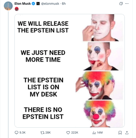 Jedan od memova Elon Musk objavio je na X nakon što je Ministarstvo pravosuđa objavio novi memorandum u kojem je rekao da Jeffrey Epstein nije imao 