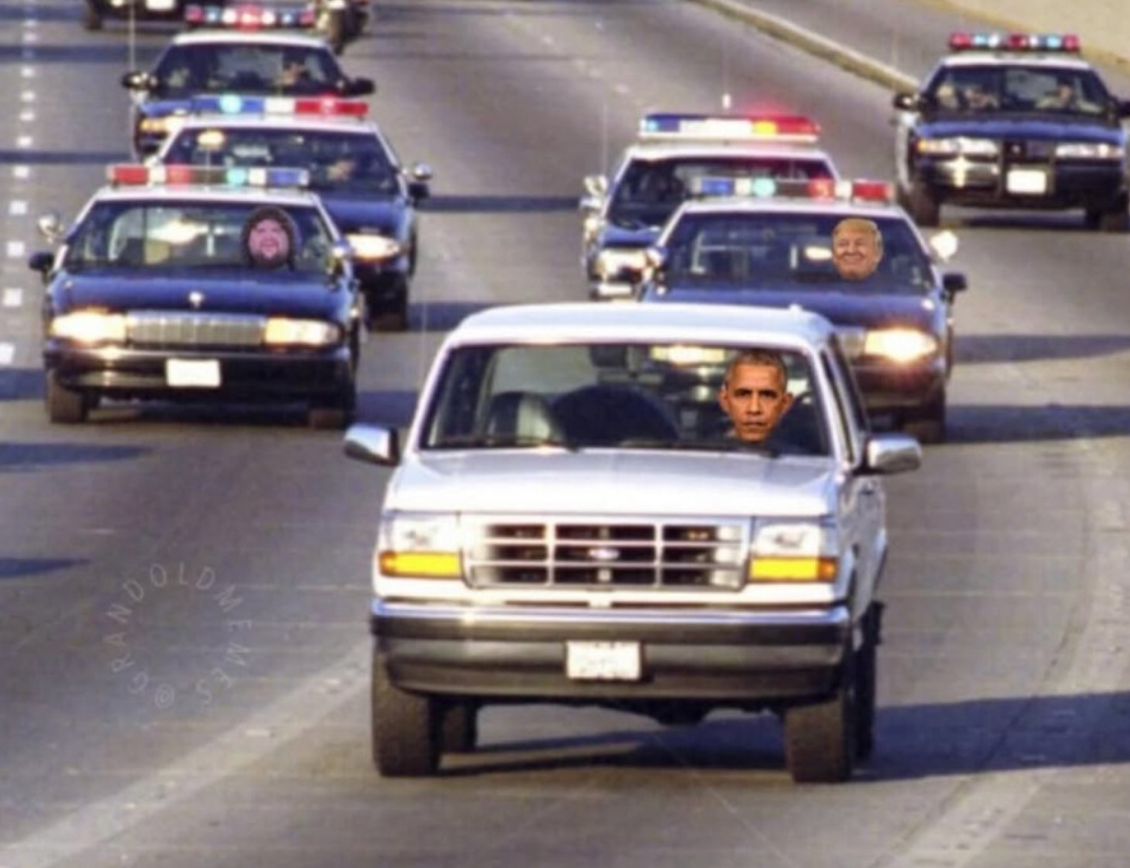 Posljednji meme Post Donalda Trumpa vidi ga i JD Vance progoni bivšeg predsjednika Baracka Obame, koji vozi bijeli Ford Bronco, niz autocestu u Los Angelesu u policijskim automobilima