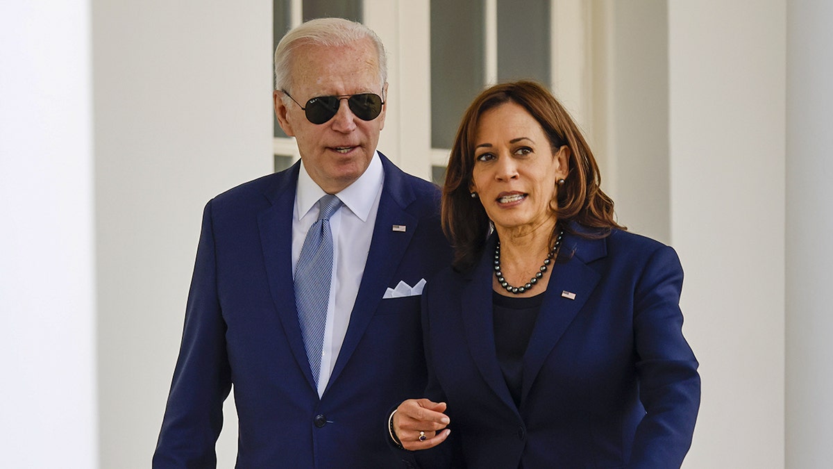 Čini se da su predsjednik Biden i potpredsjednik Harris razgovarali dok prolaze kolonadom Bijele kuće u Washingtonu, DC