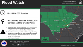 Nacionalna meteorološka služba izdala je poplavu za Hill Country, Edwards visoravan, I-35 koridor i Rio Grande Plains