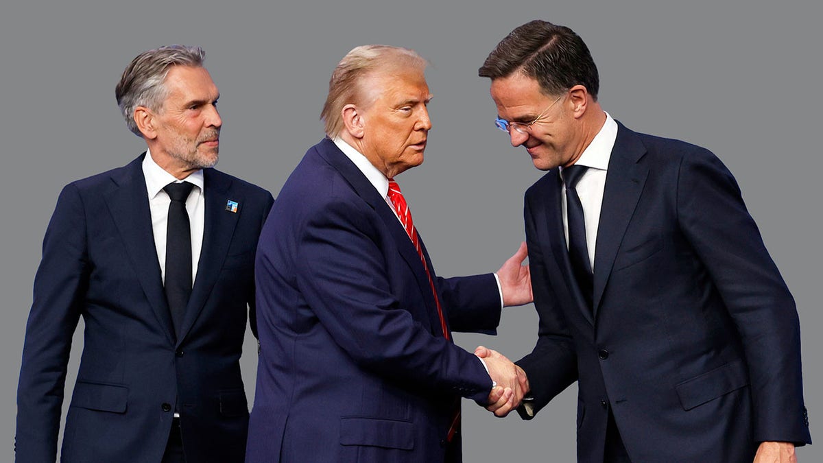 Predsjednika Donalda Trumpa dočekali su glavni tajnik NATO -a Mark Rutte (desno) i nizozemski premijer Dick Schoof (lijevo) na službenoj ceremoniji dobrodošlice za Summit NATO -a 2025. u Haagu 25. lipnja 2025. godine.